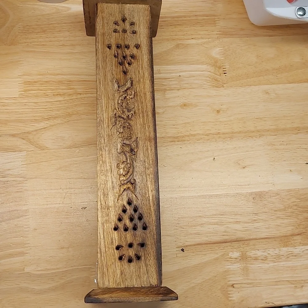 New Unused Hand Carved Ornate Wooden Incense Holder